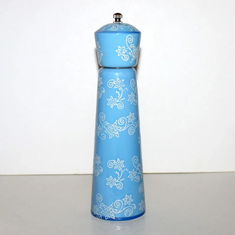 Temptations Pepper Grinder mill ceramic Blue Floral Lace Winter 10” white